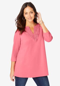 Stretch Cotton Crochet Notch Neck Tunic