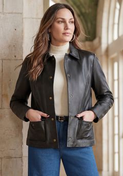 Snap-Front Leather Jacket with Lapel Collar