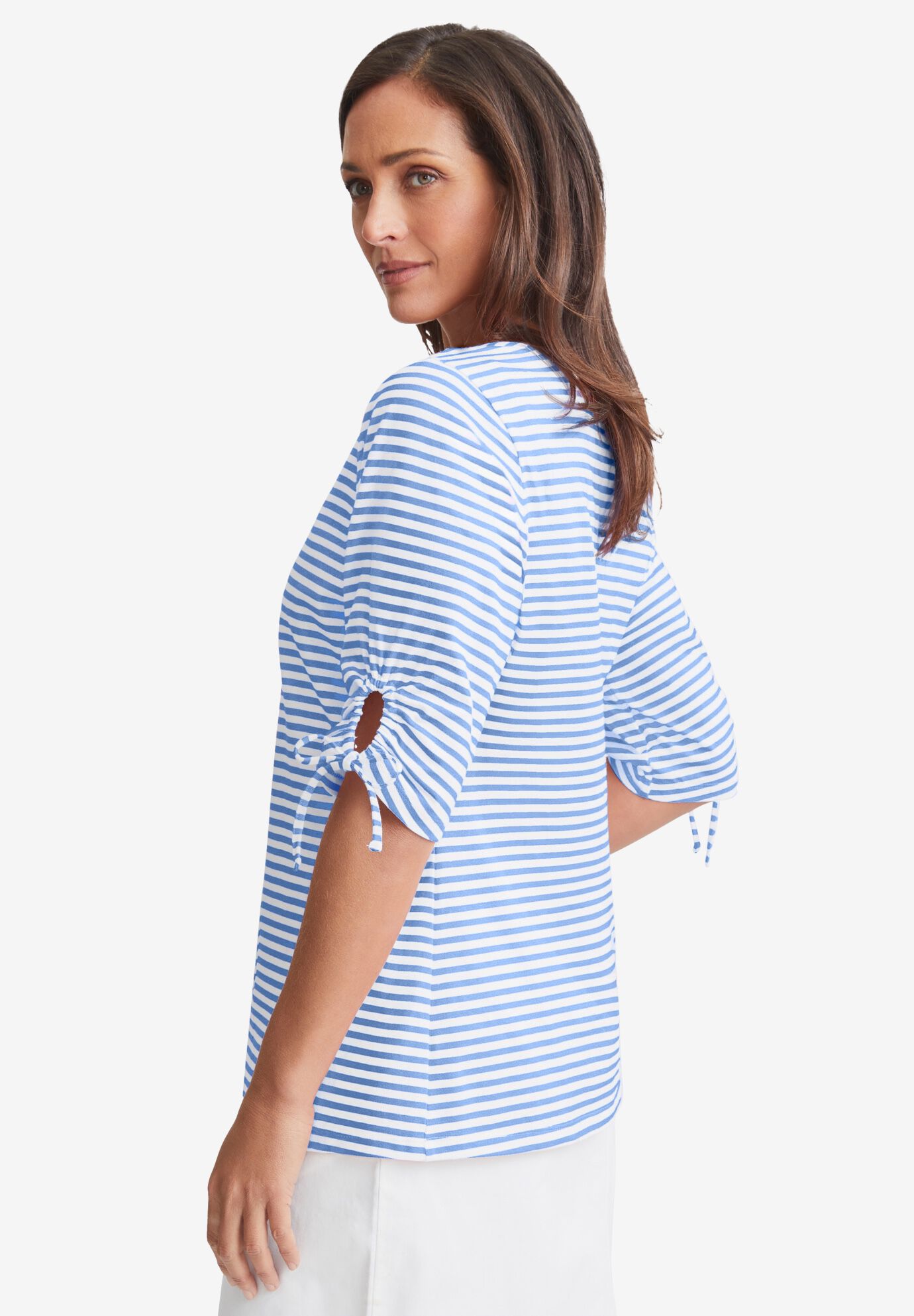 Stretch Cotton Tie Sleeve Square Neck Tee, FRENCH BLUE FEEDER STRIPE, alternate image number 3