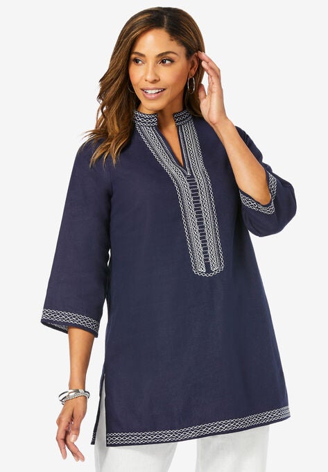 Notch Neck Linen Tunic, NAVY EMBROIDERY, hi-res image number null
