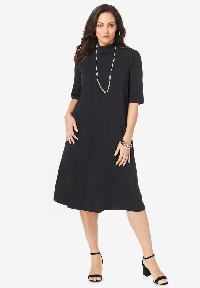 Mockneck Trapeze Dress, BLACK, hi-res image number 0