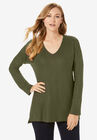 V-Neck Pullover Sweater, DARK OLIVE GREEN, hi-res image number 0
