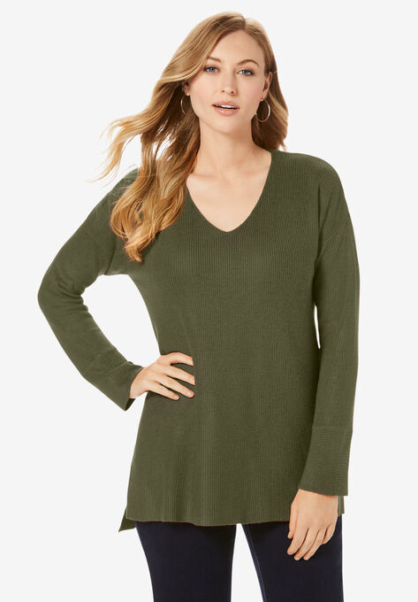 V-Neck Pullover Sweater, DARK OLIVE GREEN, hi-res image number null