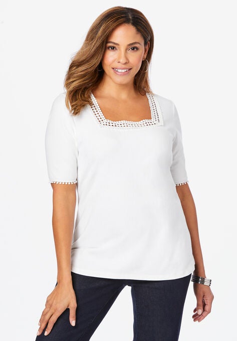 Square Neck Crochet Tee, WHITE, hi-res image number null