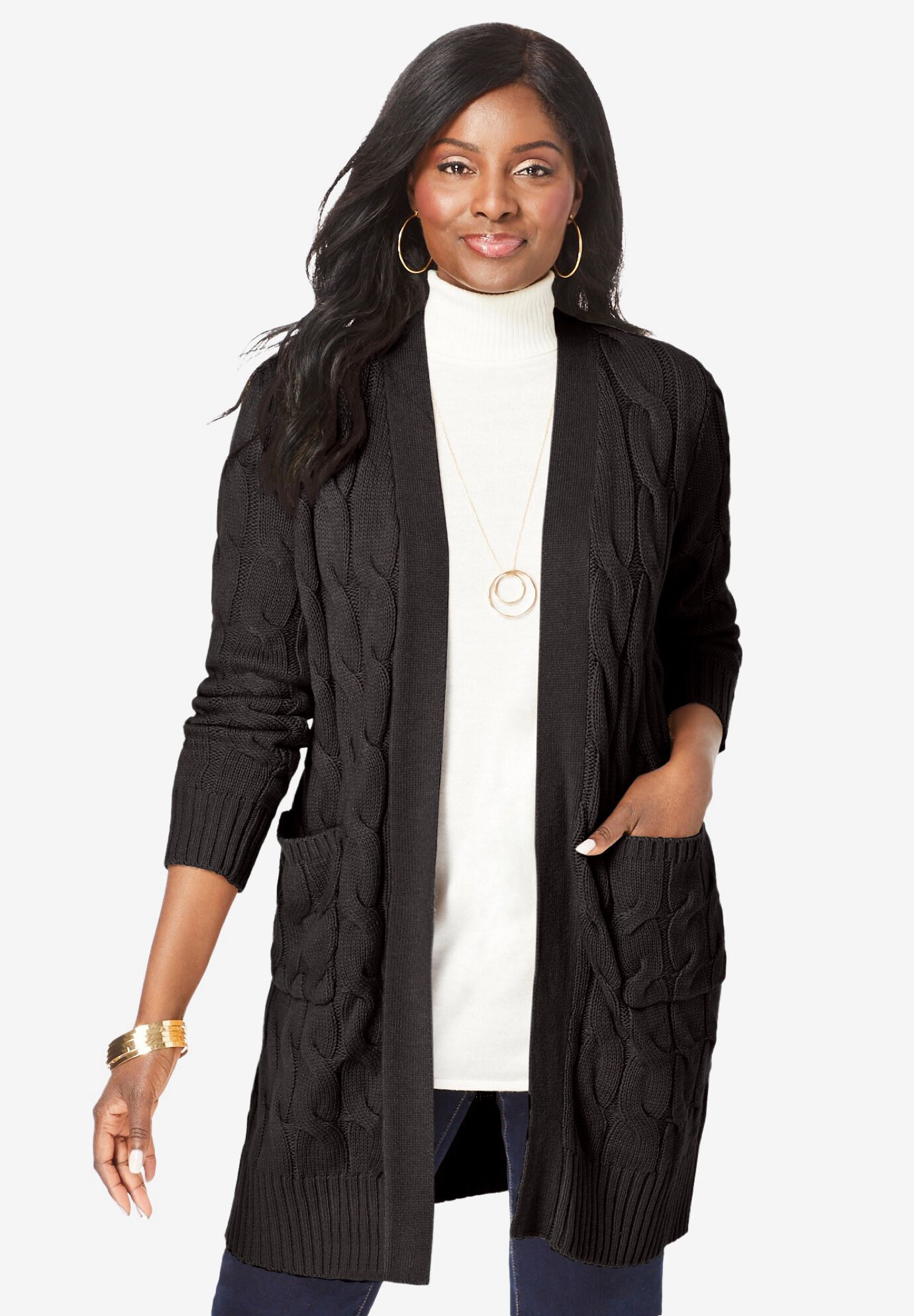 Cable Duster Sweater Fall Classic Style Heather Charcoal Woman Within