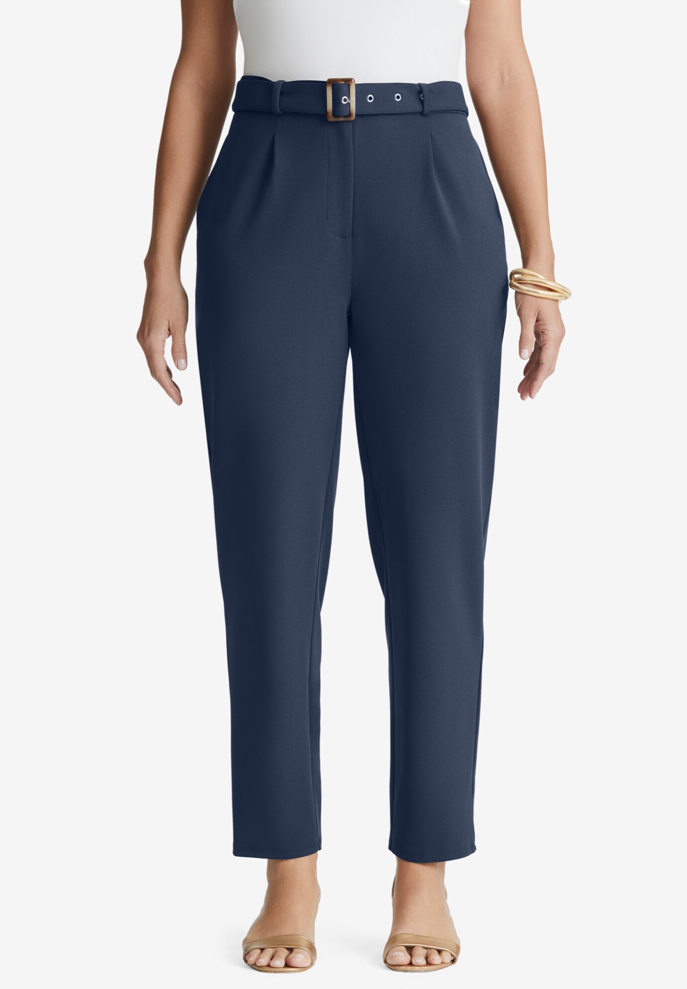 Knit Crepe Belted Tapered Pant, NAVY, hi-res image number 0