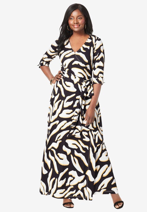 Faux Wrap Maxi Dress, BLACK ABSTRACT ZEBRA, hi-res image number null