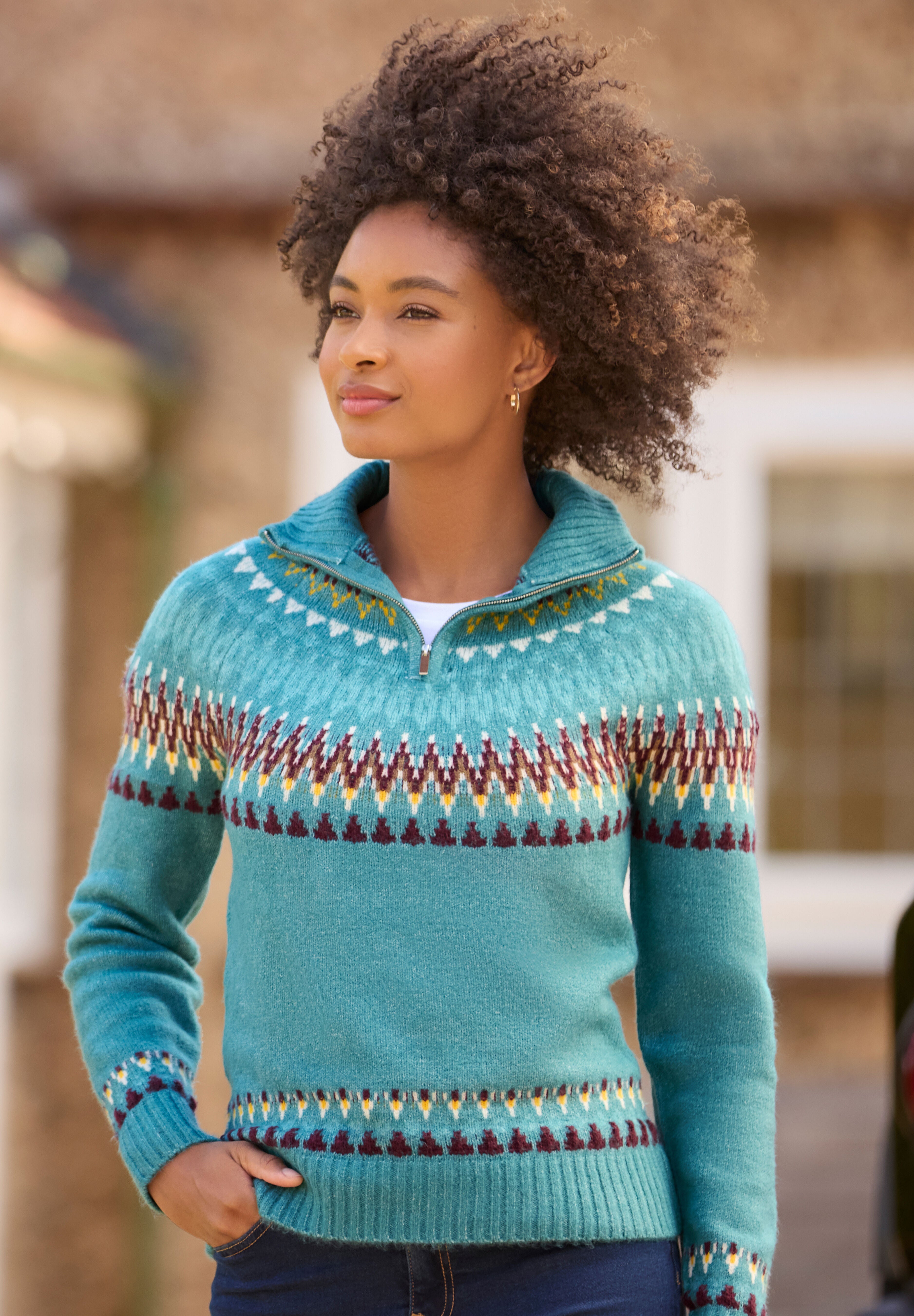 Fair Isle Quarter Zip Sweater, TEAL FAIRISLE, alternate image number 8