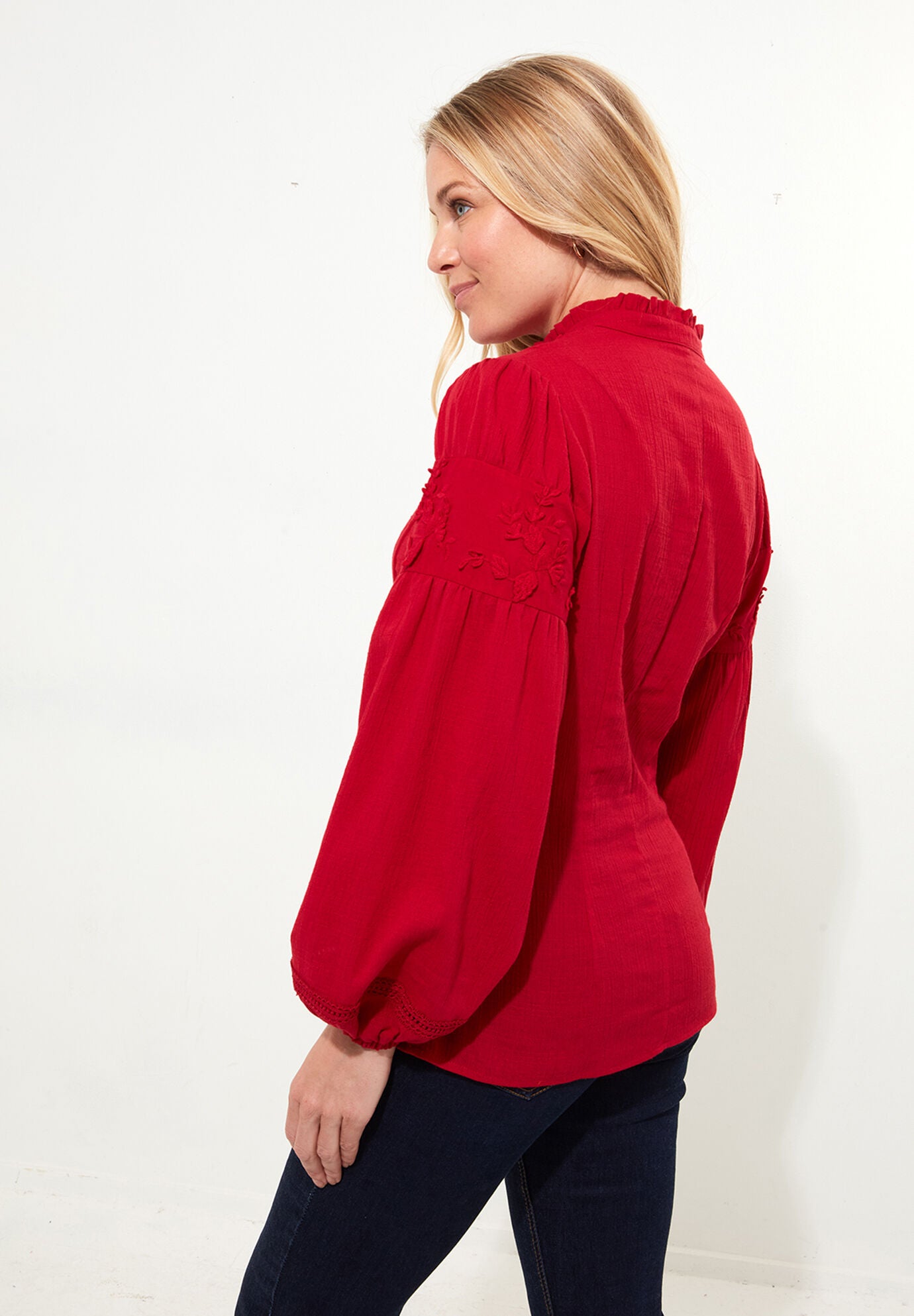 Long Balloon Sleeve Embroidered Blouse, CLASSIC RED, alternate image number 4