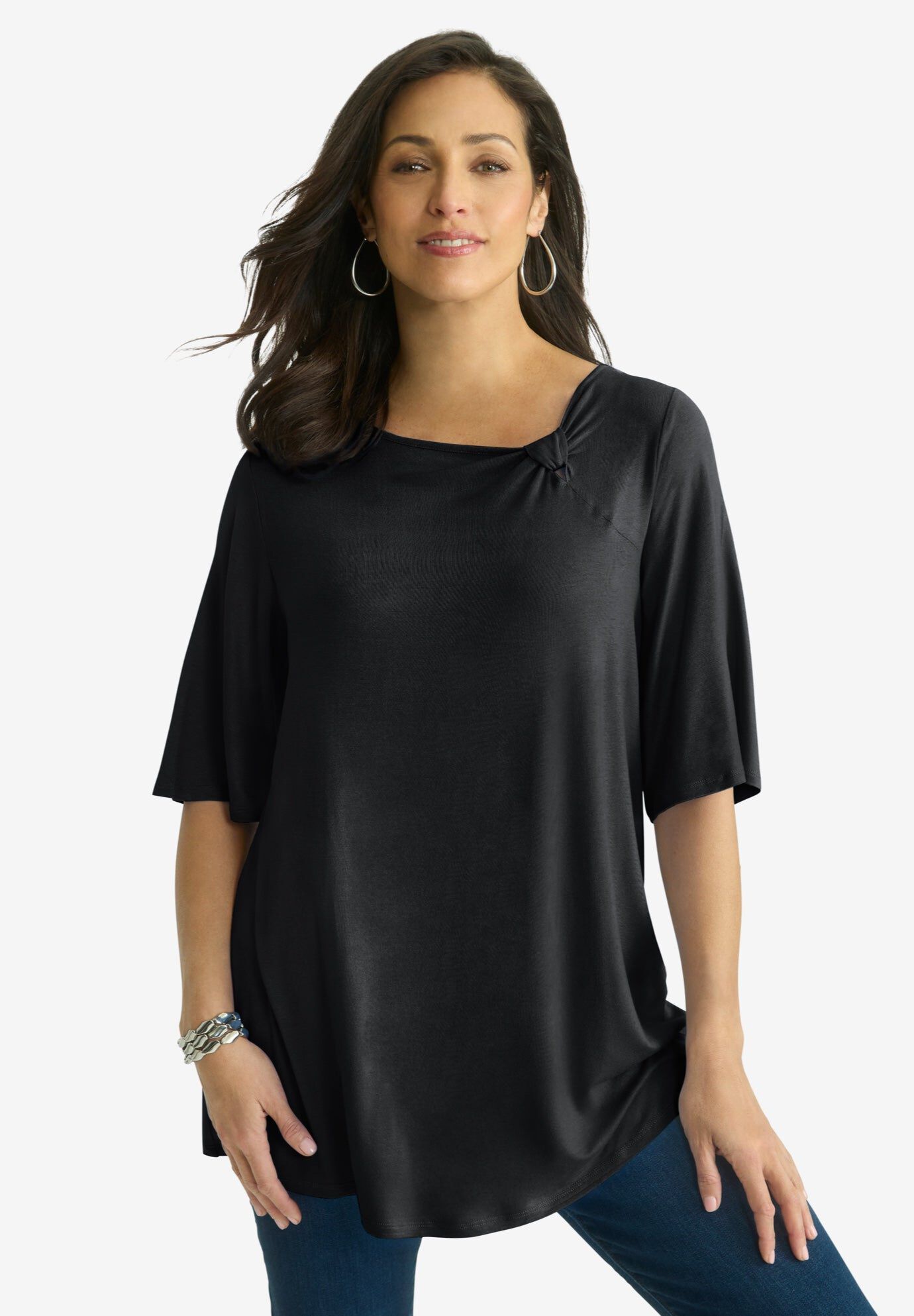Asymmetrical Twist Neck Tunic, BLACK, hi-res image number 0