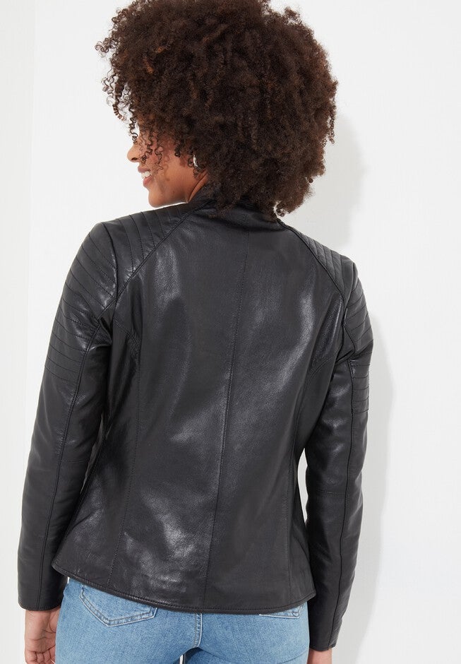 Leather Zip Biker Jacket, BLACK, alternate image number null