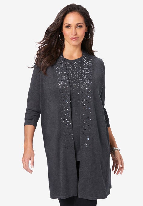Fine Gauge Cardigan Topper, HEATHER CHARCOAL SEQUIN, hi-res image number null