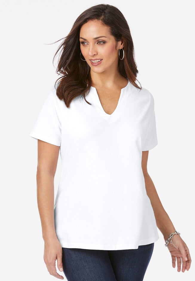 Short Sleeve Notch Neck Tee, WHITE, hi-res image number null