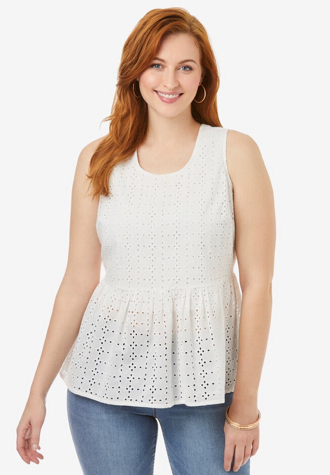 Eyelet Peplum Top, WHITE, hi-res image number 0