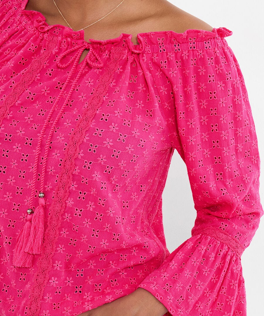 Bell Sleeve Eyelet Blouse, FUSCHIA, on-hover image number 1