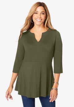 Stretch Knit Henley Notch Babydoll Tunic