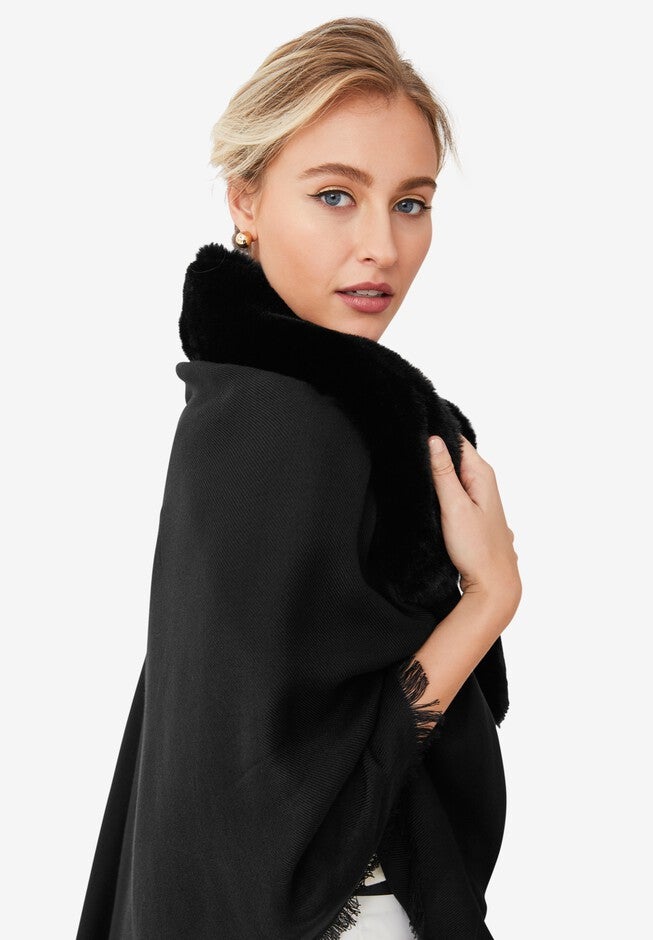 Faux-Fur Trim Shawl, , alternate image number 1