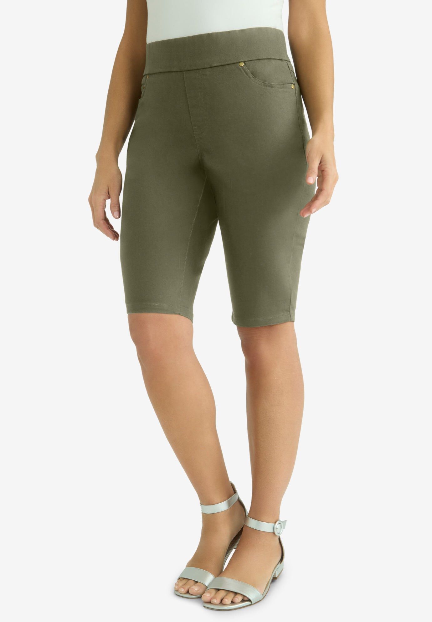 Comfort Waist Stretch Denim Bermuda Short, DARK OLIVE GREEN, hi-res image number 0