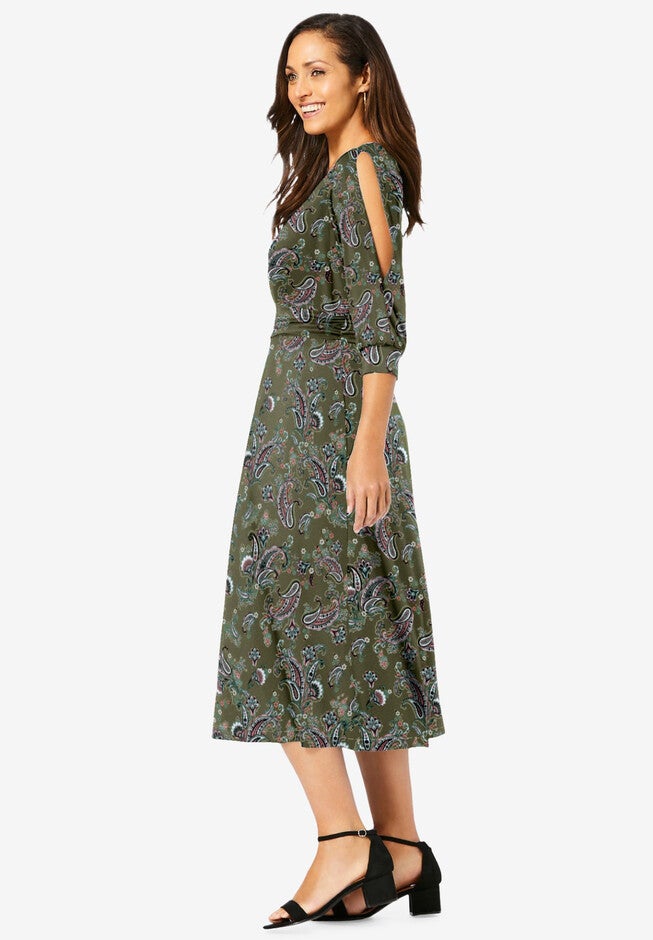 Stretch Knit Slit Sleeve Midi Dress, , alternate image number null
