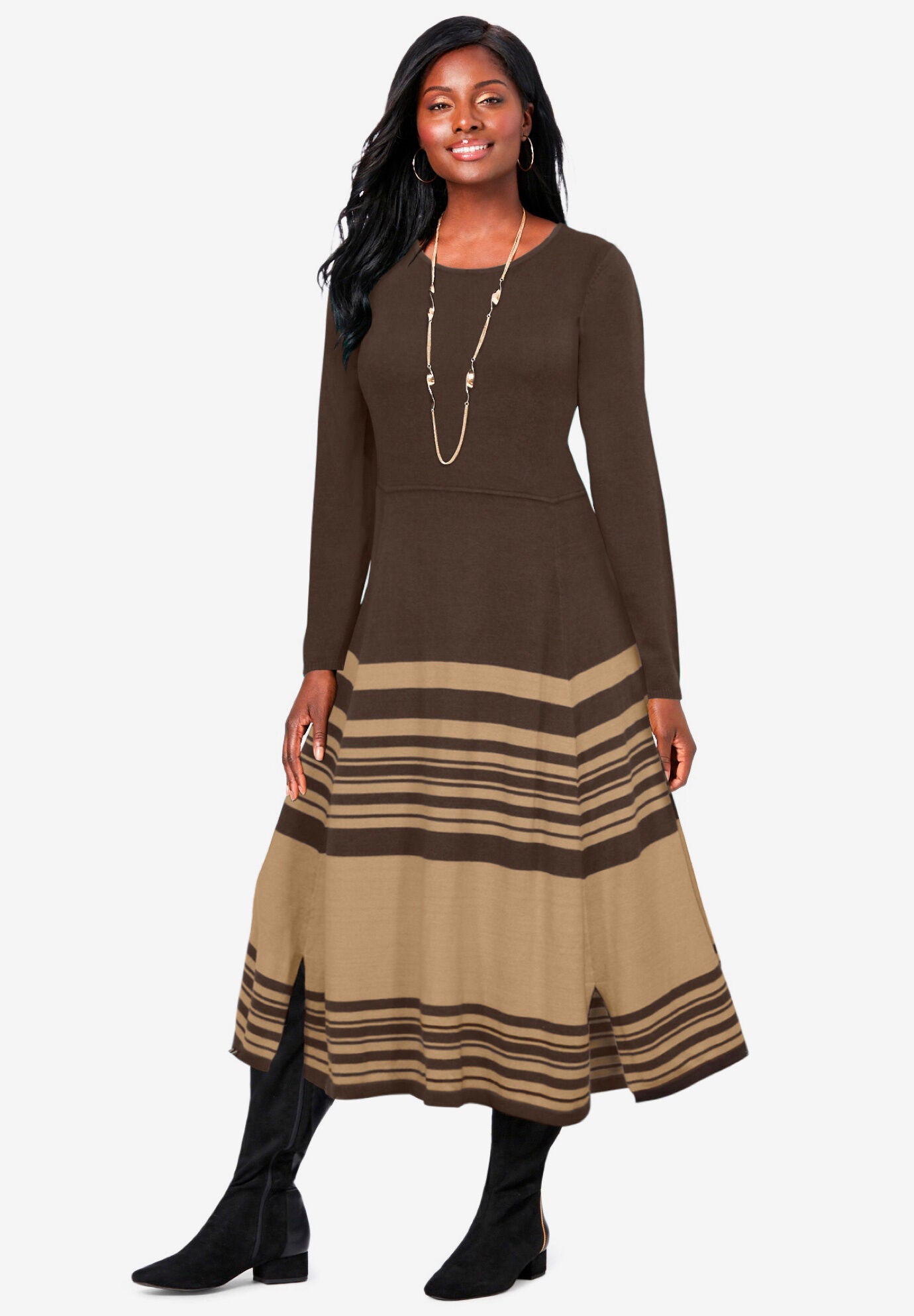 Fit and Flare Sweater Dress for Women Chocolate Soft Camel