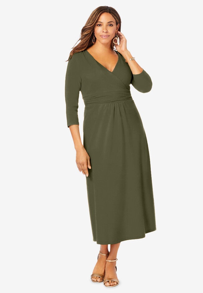 Stretch Knit Surplice Midi Dress, DARK OLIVE GREEN, hi-res image number null