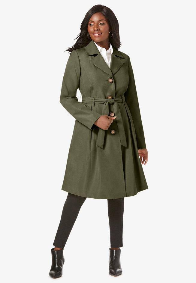 Plus Size Pleated Trench Coat, Dark Olive Green Woman Within