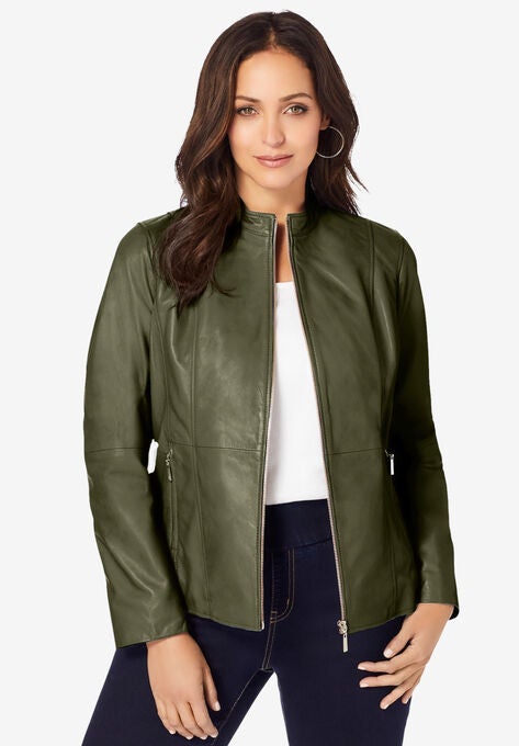Zip Front Leather Jacket, DARK OLIVE GREEN, hi-res image number null