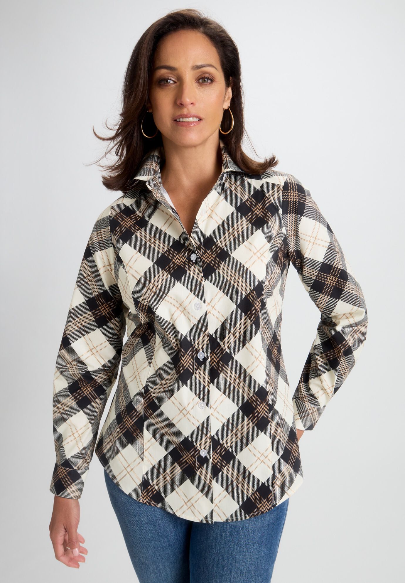 Wrinkle-Free Stretch Poplin Shirt, IVORY GOLD PLAID, on-hover image number 1