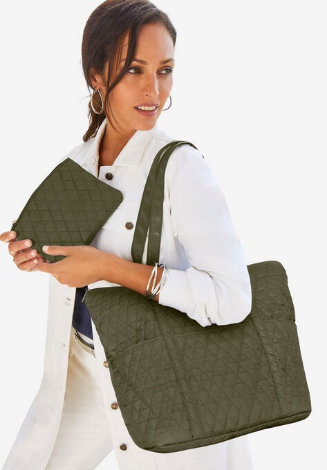 Quilted Tote Set, DARK OLIVE GREEN, hi-res image number null