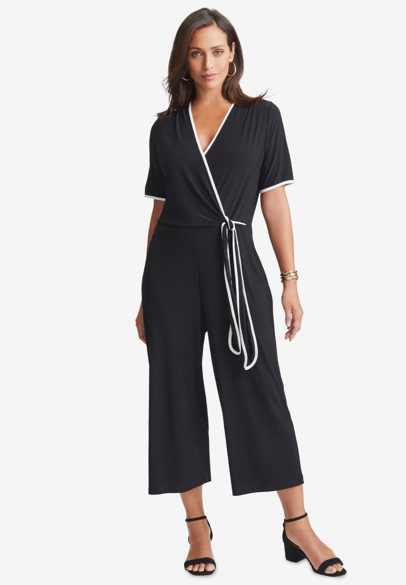 Wide Leg Stretch Knit Cropped Jumpsuit, Black Woman Within