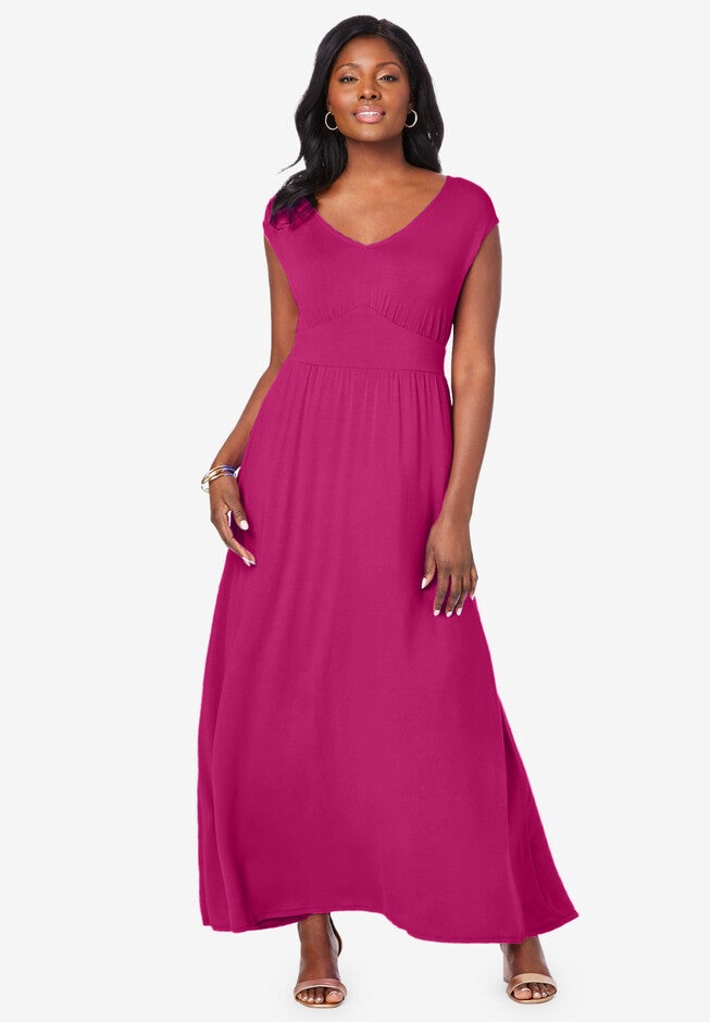 Stretch Knit V-Neck Maxi Dress, RASPBERRY, hi-res image number null