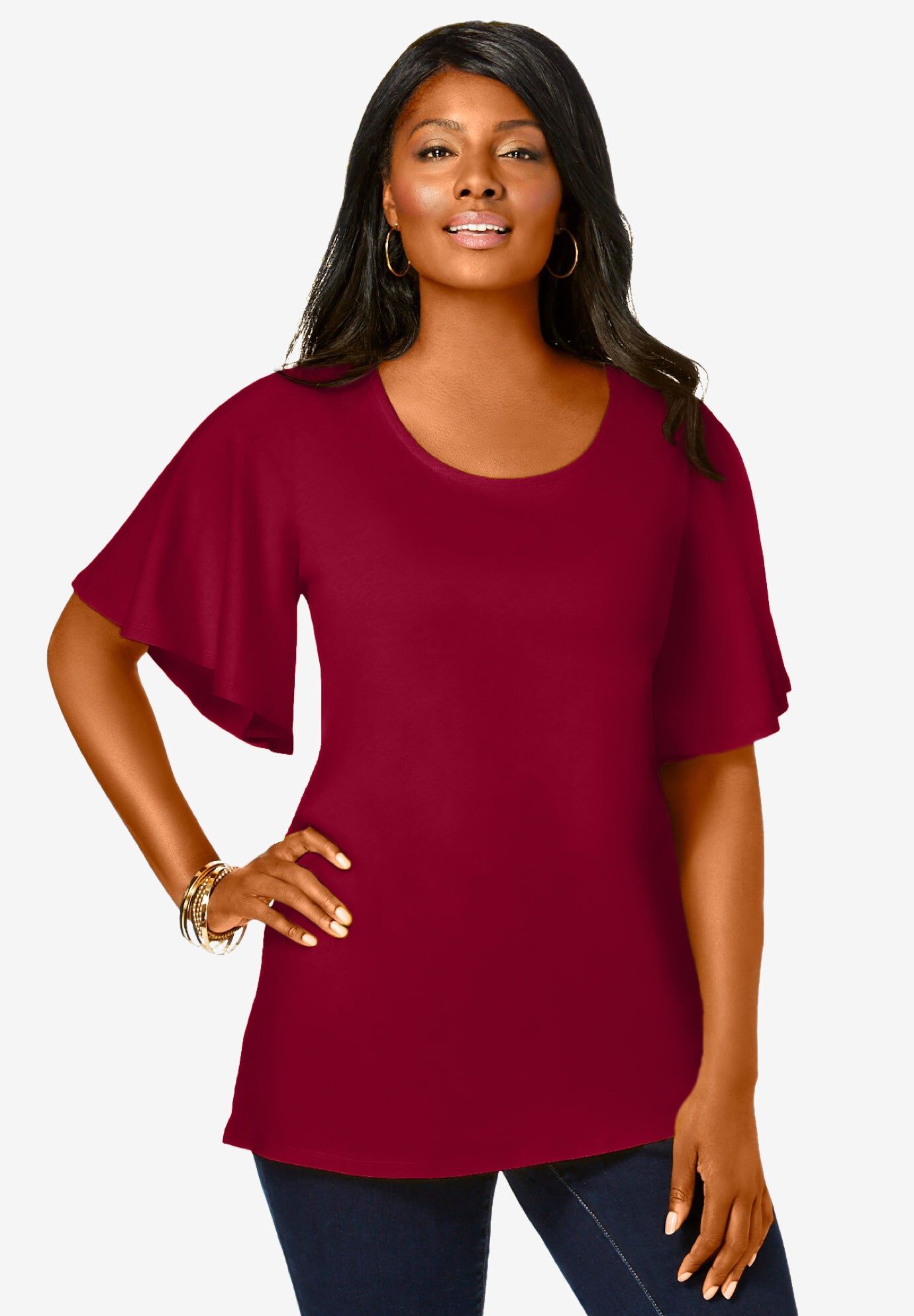 Stretch Knit Flutter Sleeve Tunic, RICH BURGUNDY, hi-res image number 0
