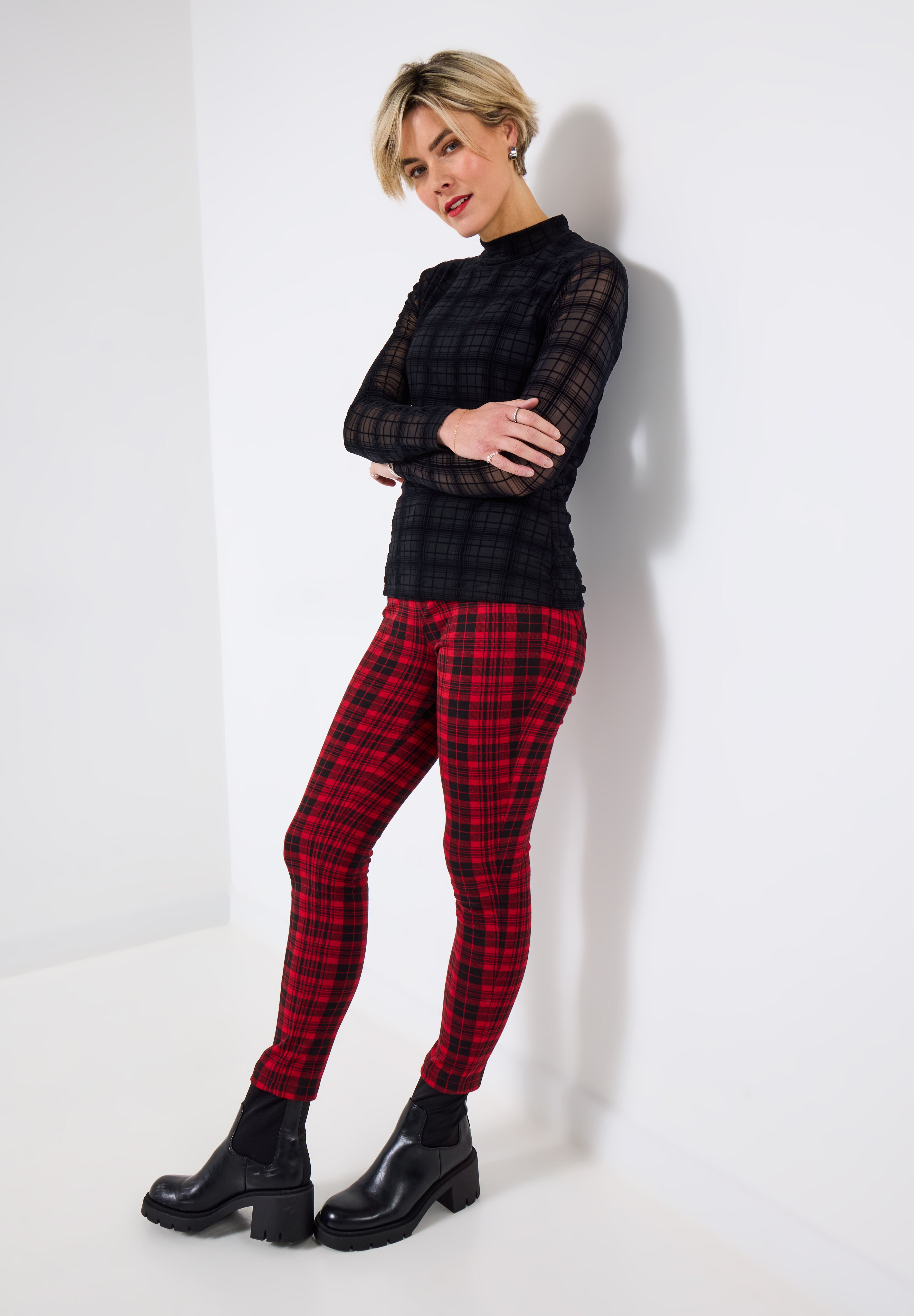 Burnout Plaid Mockneck Tee, BLACK BURNOUT PLAID, hi-res image number 0