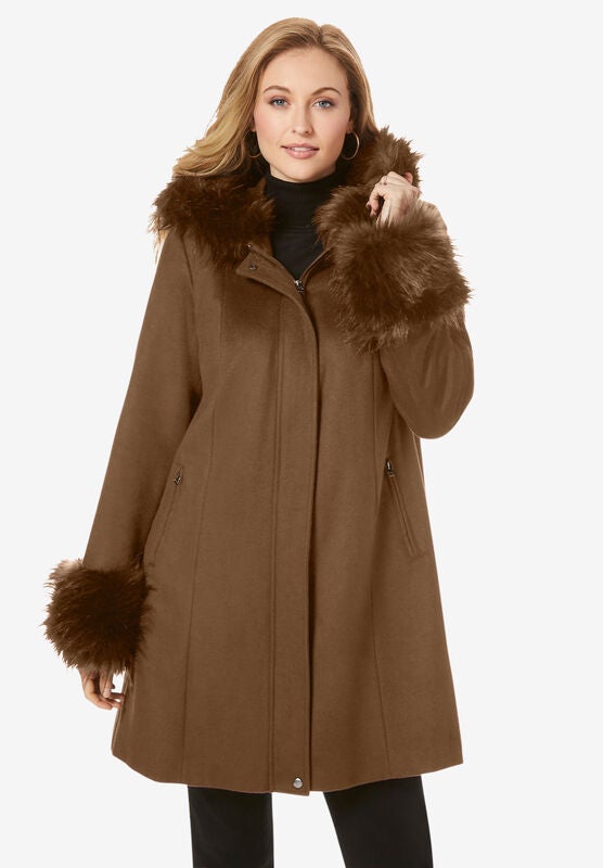 Hooded Faux Fur Trim Coat Woman Within