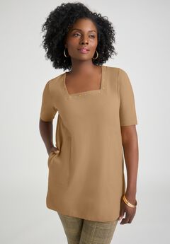 Stretch Cotton Studded Square Neck Tunic