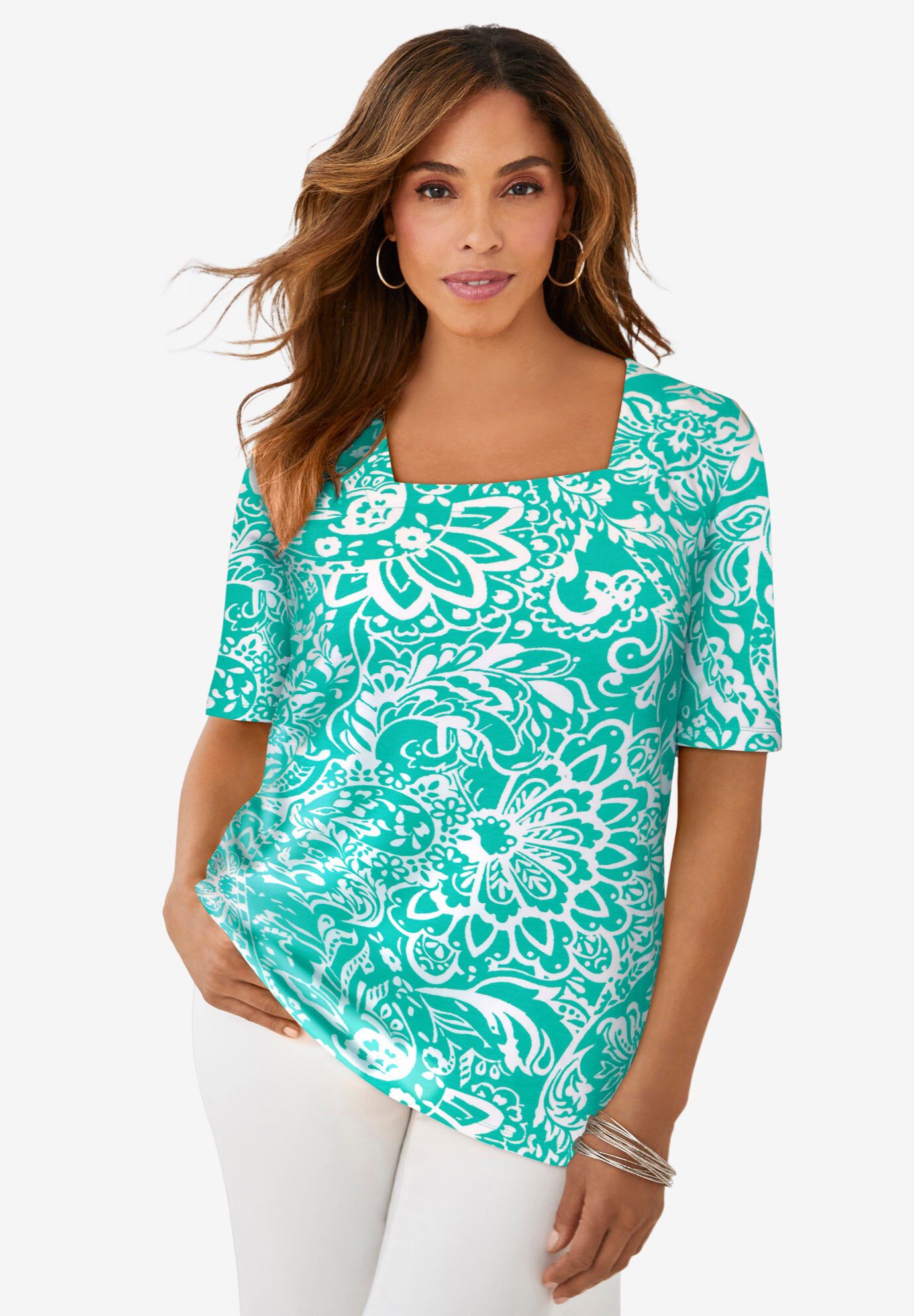 Stretch Square Neck Tee Cotton Spandex Top, Aqua Sea Scroll Medallion