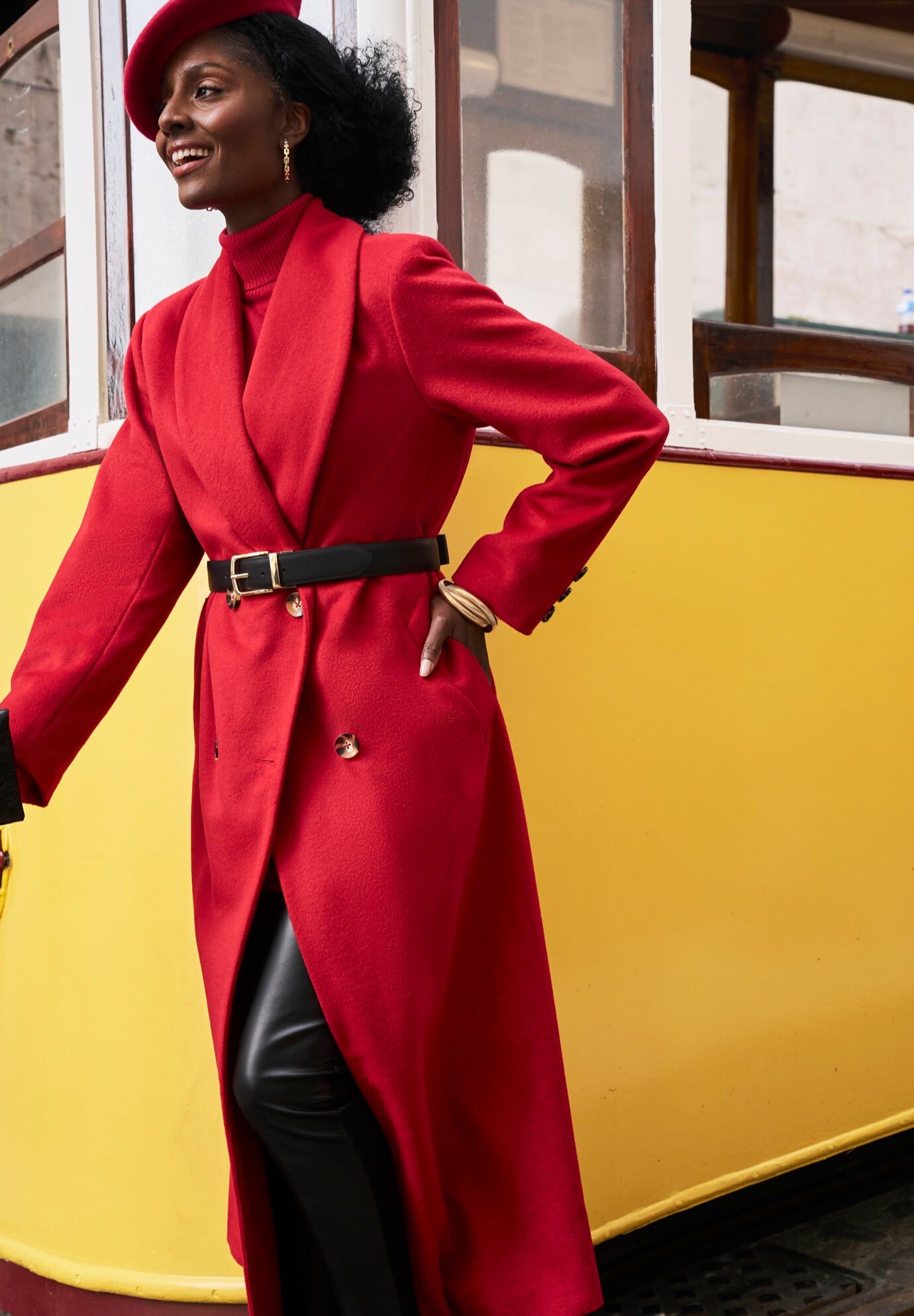 Shawl Collar Wool Coat - Long Double-Breasted, Classic Red | Woman
