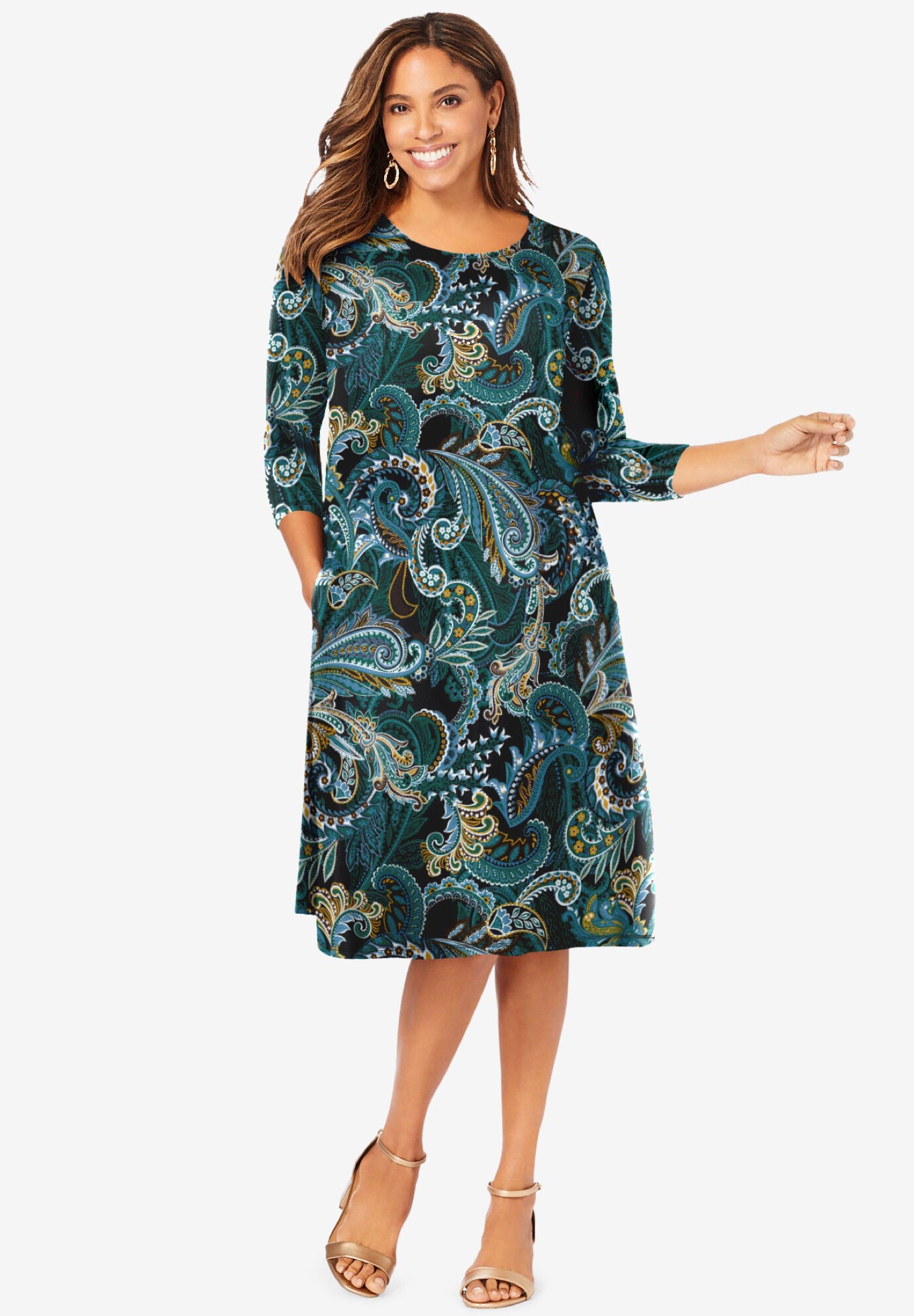 Knit Three Quarter Sleeve T shirt Dress Frost Teal Paisley