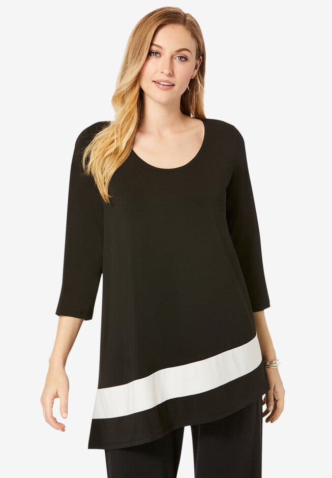 Asymmetrical-Hem Colorblock Tunic, BLACK IVORY COLORBLOCK, hi-res image number 0