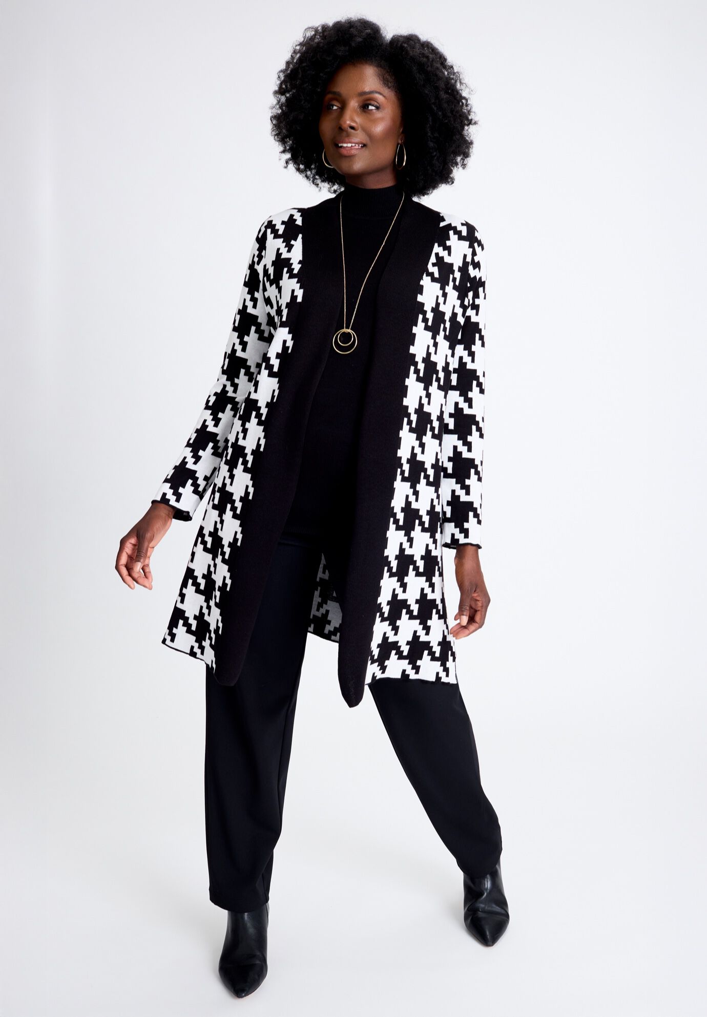 Fine Gauge Cardigan Topper, BLACK WHITE LARGE HOUNDSTOOTH, on-hover image number 1