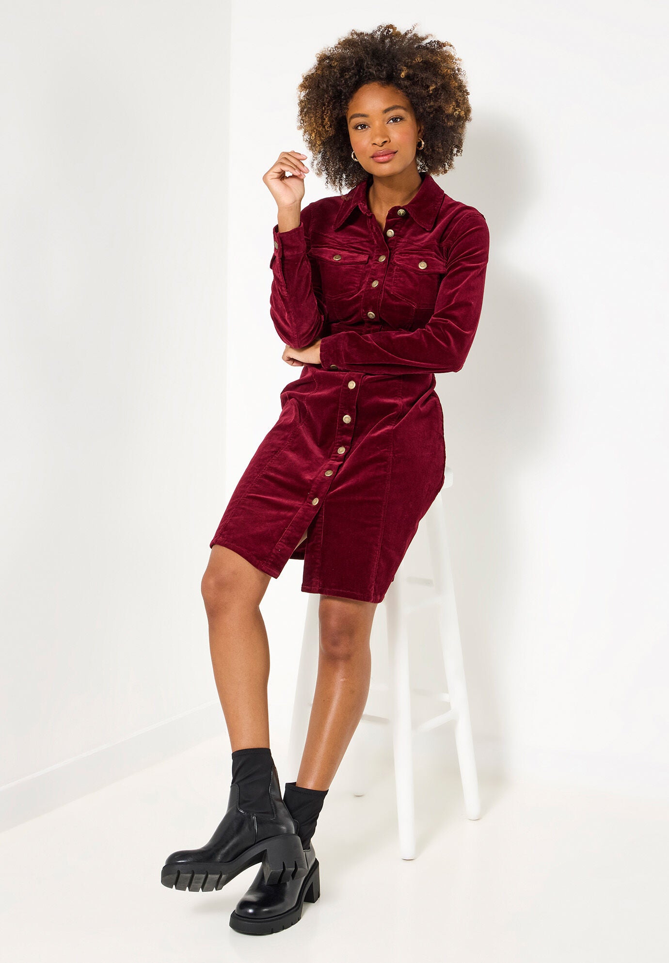 Corduroy Shirt Dress, BURGUNDY, alternate image number 4