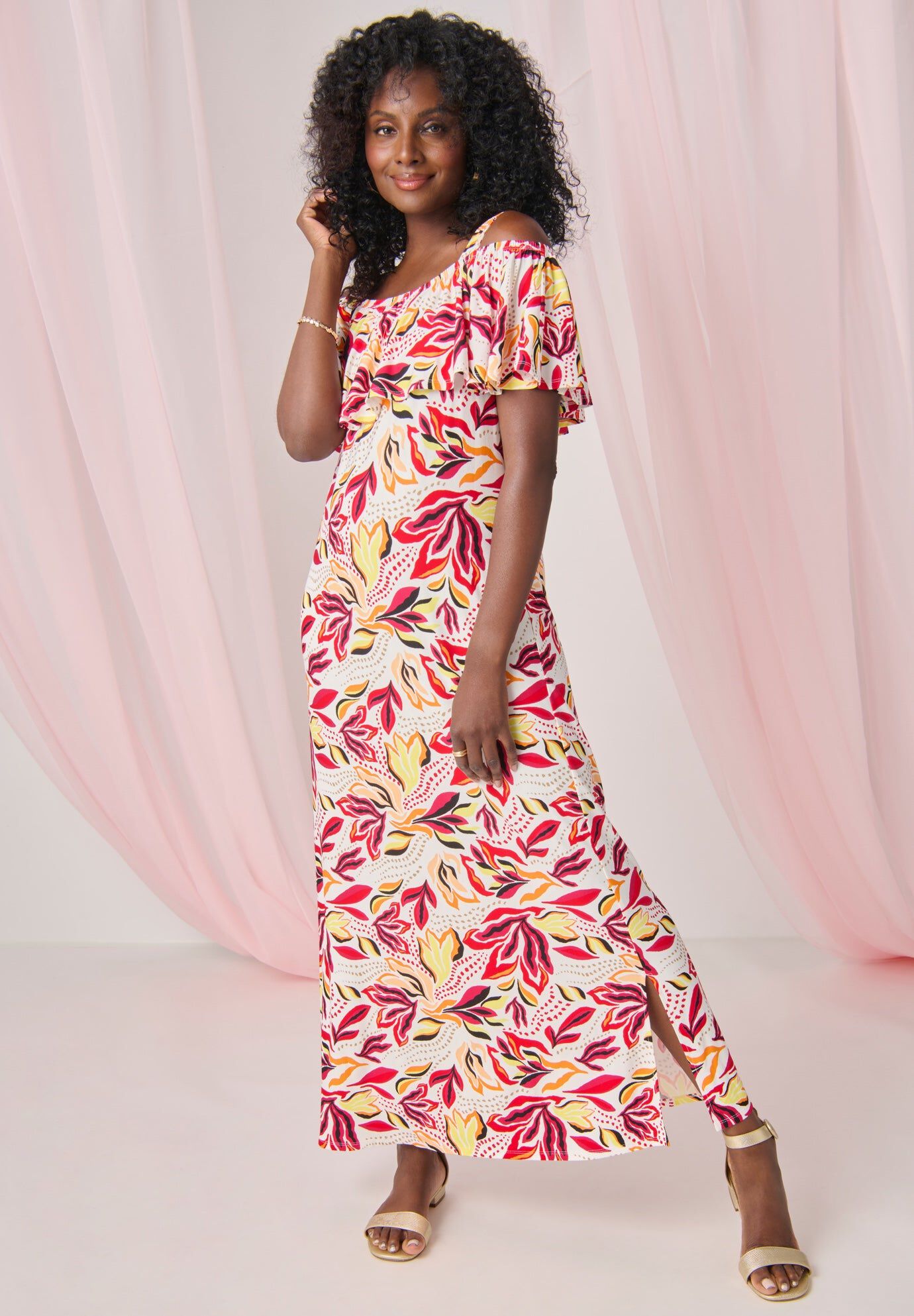 Cold Shoulder A-Line Maxi Dress, MULTI SUMMER PETALS, hi-res image number 0