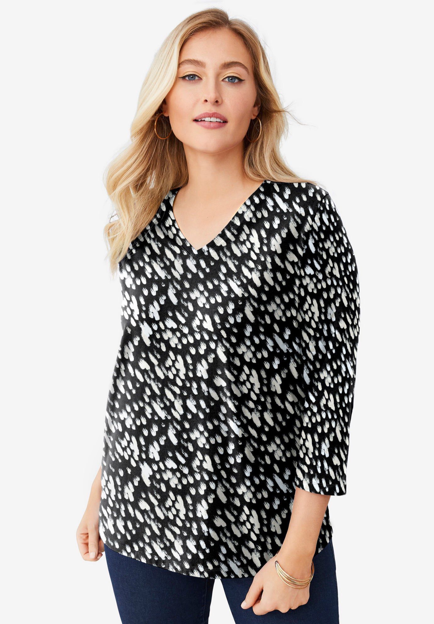 Stretch Cotton V-Neck Tee - Soft Stretch Fabric, Black Abstract Dot ...