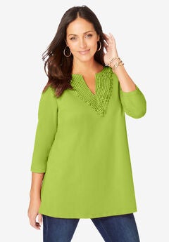 Stretch Cotton Crochet Notch Neck Tunic