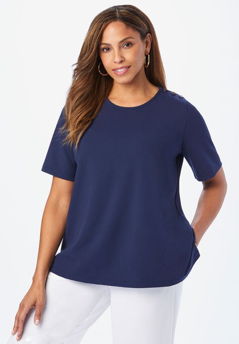 Crepe Button Shoulder Top, NAVY, hi-res image number null