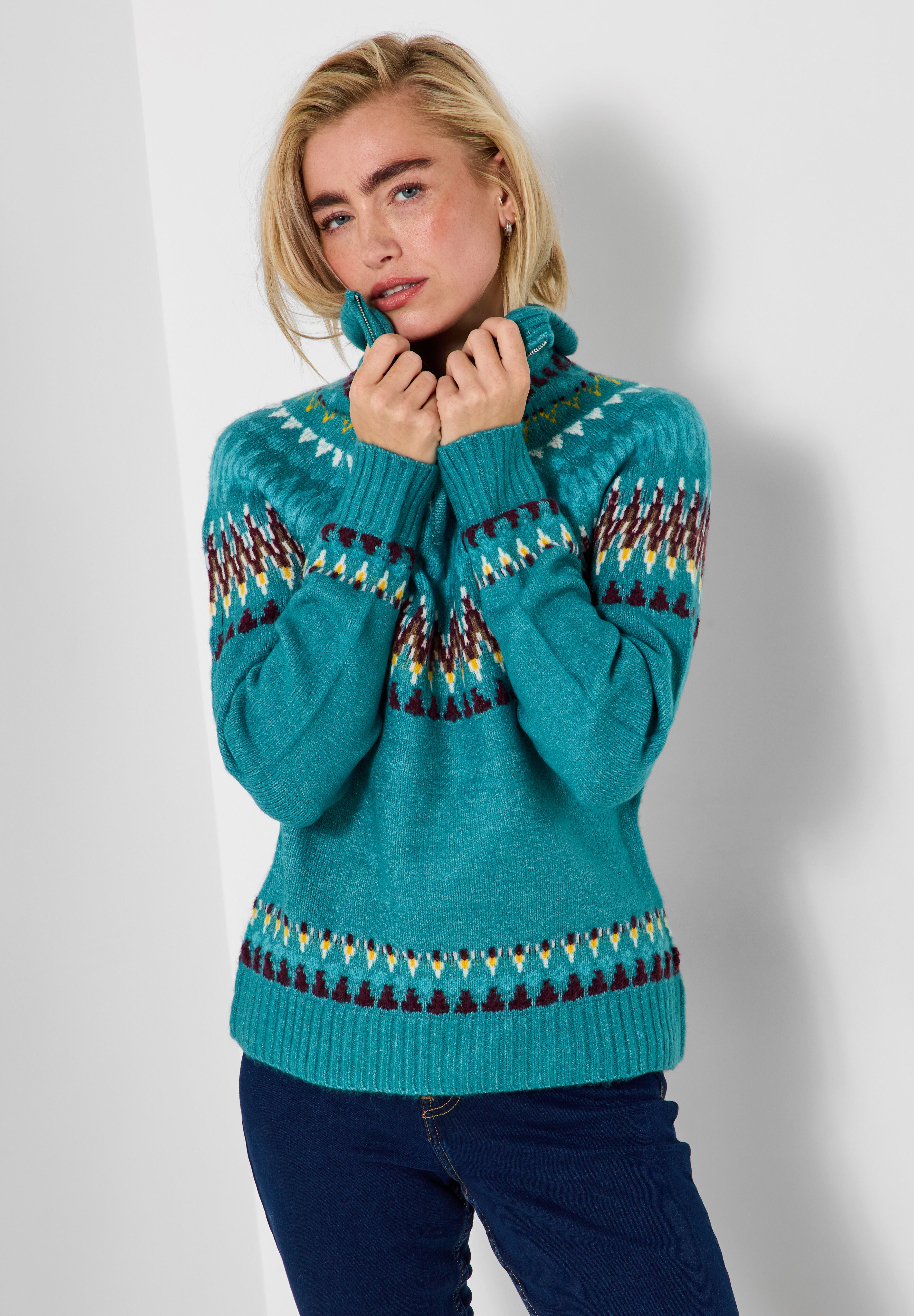 Fair Isle Quarter Zip Sweater, TEAL FAIRISLE, on-hover image number 1