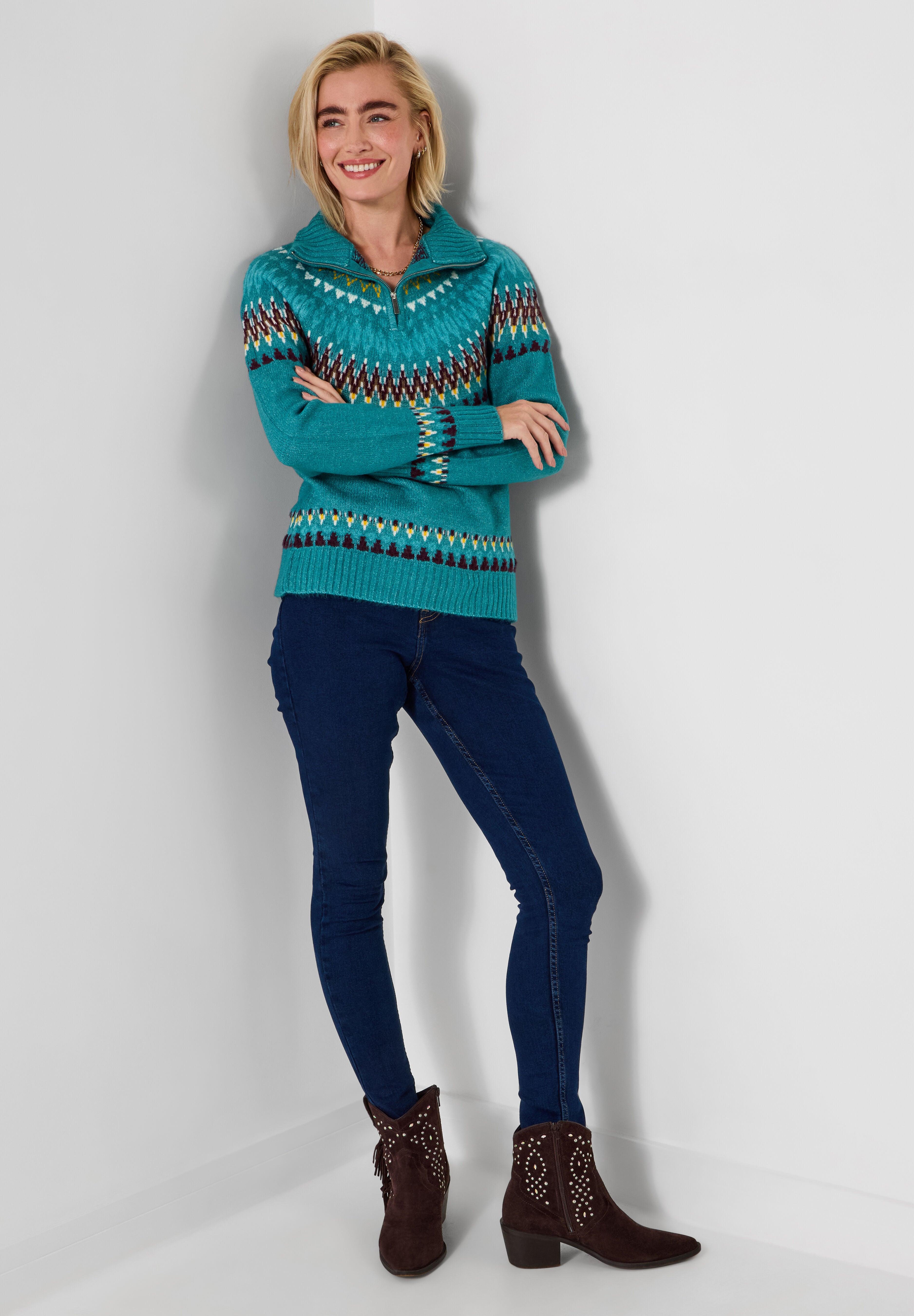 Fair Isle Quarter Zip Sweater, TEAL FAIRISLE, alternate image number 6