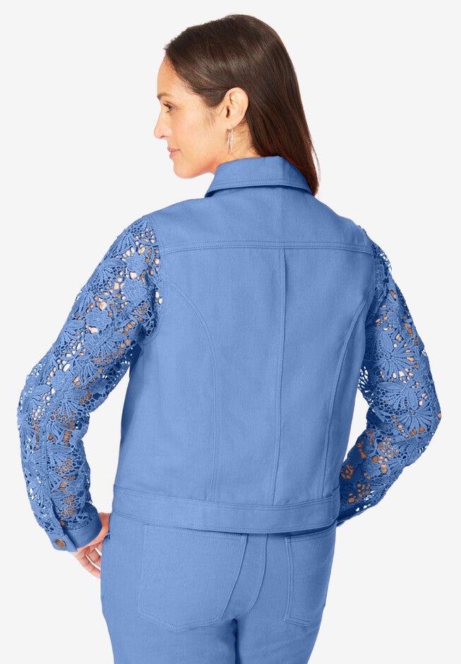 Lace Sleeve Denim Jacket, FRENCH BLUE, on-hover image number 1