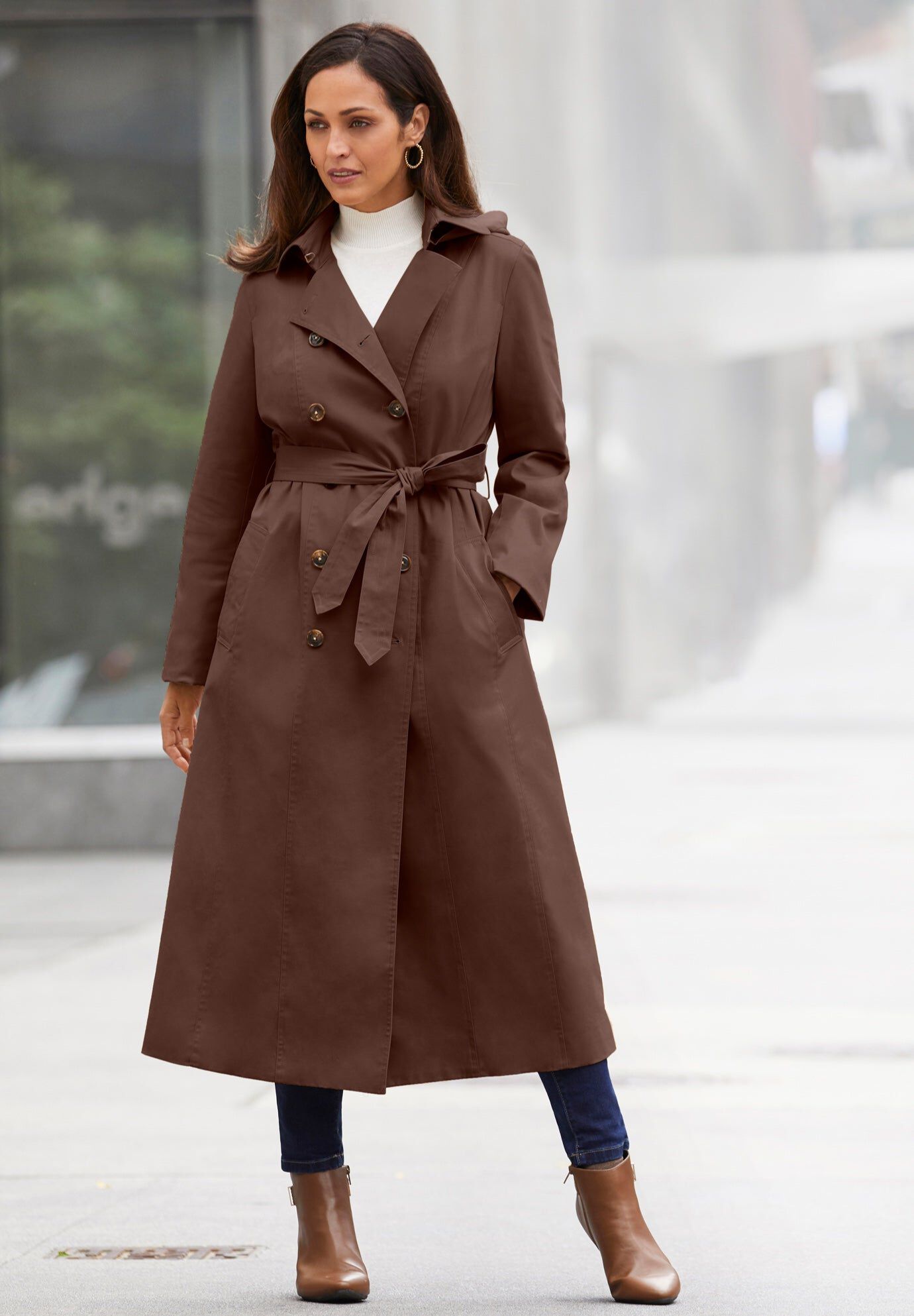 Double Breasted Long Trench Raincoat, RICH BROWN, hi-res image number 0