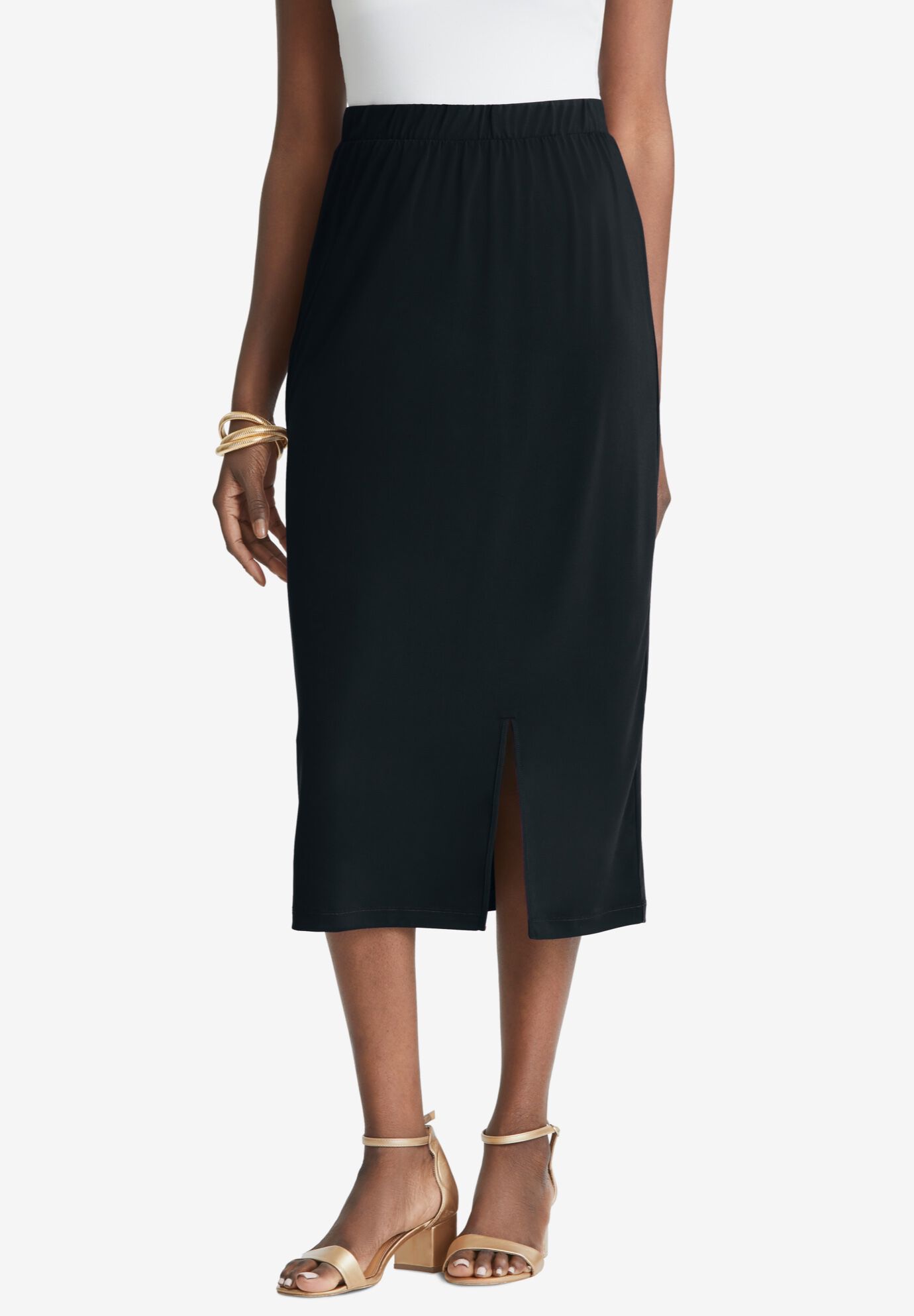 Stretch Knit Midi Skirt, BLACK, hi-res image number 0